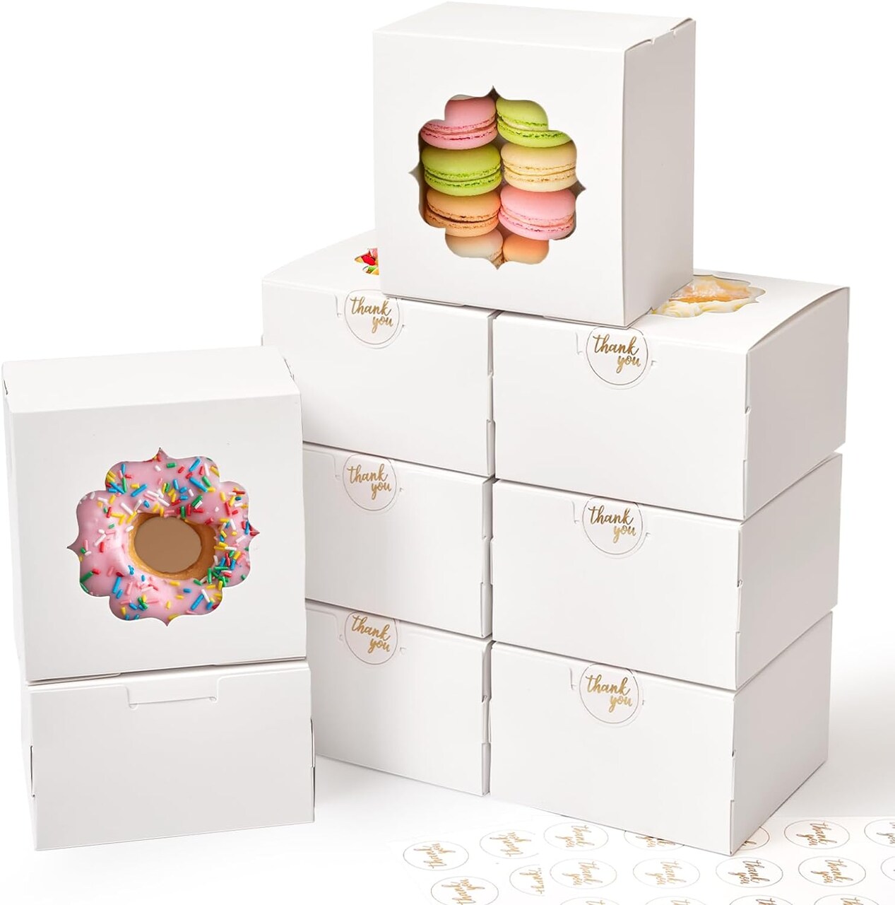 4-Inch Small Cookie Boxes with Window – 25 White Bakery Treat Boxes for Cookies, Macarons, Donuts, Cake Slices, Chocolate, and Small Desserts, Includes Gold “Thank You” Stickers, (White) 4x4x2.5 Inches